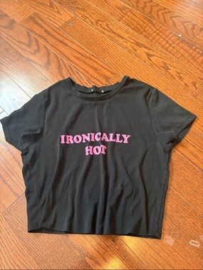 IRONICALLY HOT Black Crop Tee with Pink Lettering